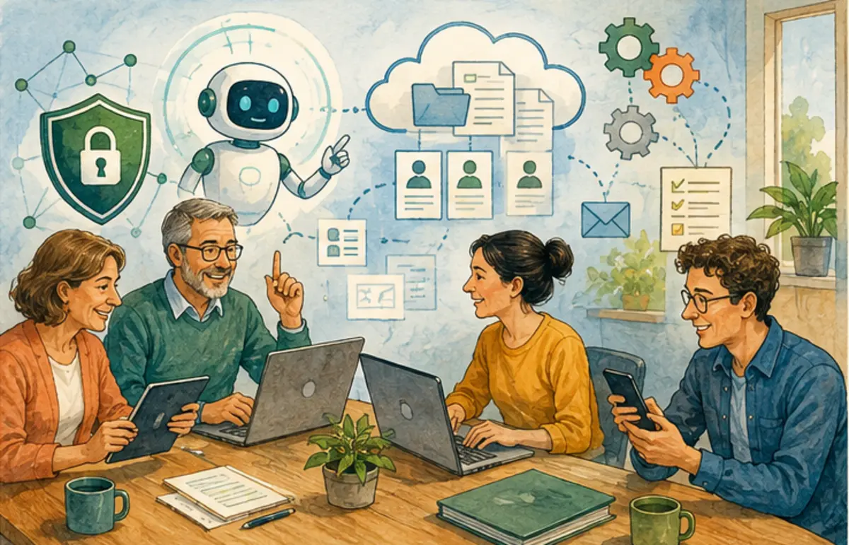 Detailreicher Business-Cartoon zu Digitalisierung & KI für Vereinsvorstände