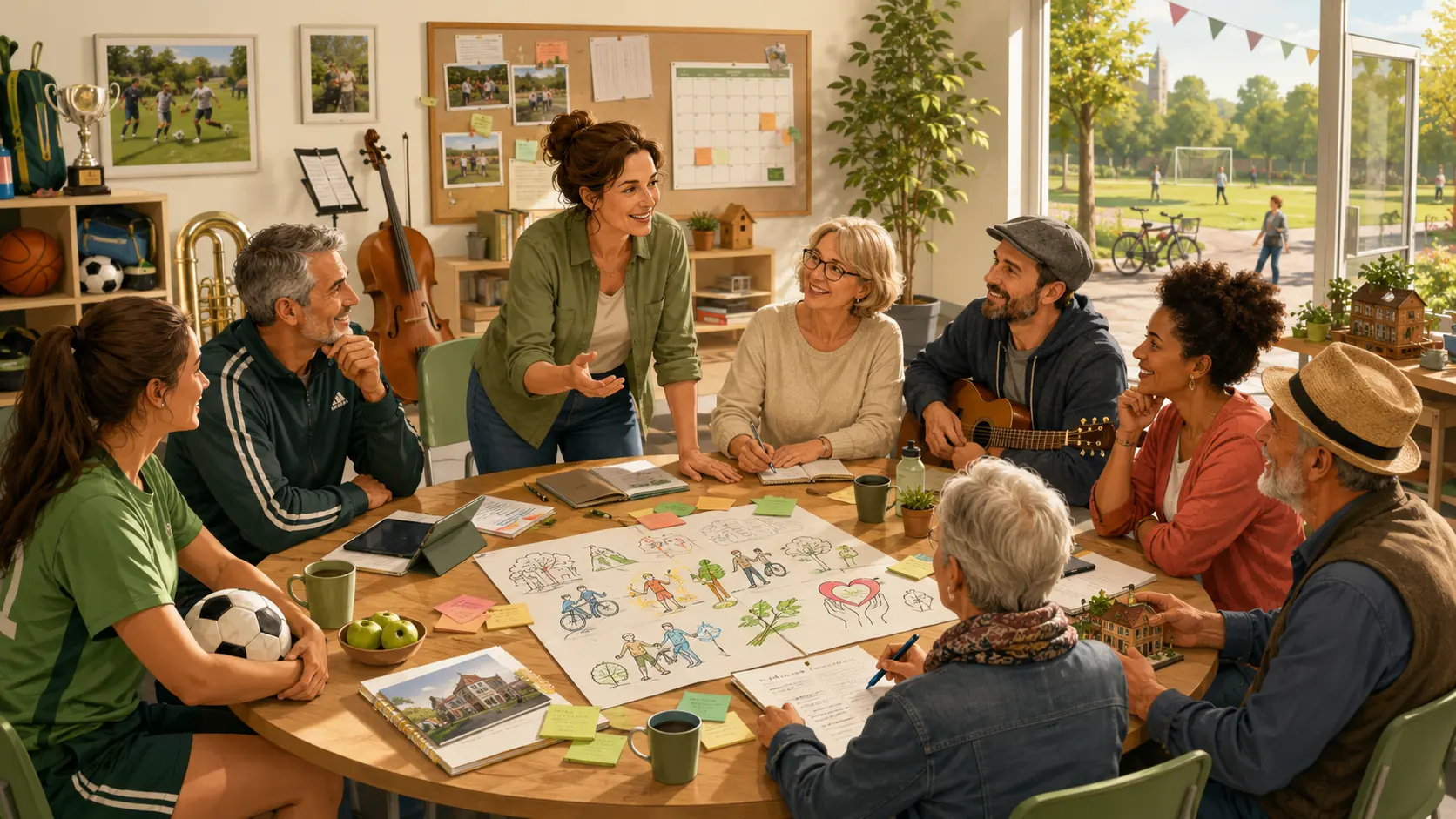 Detailreiche BVVGF-Business-Cartoon-Illustration mit Vereinsvorständen und ehrenamtlich Engagierten aus Sport, Kultur, Musik, Sozialem und Umwelt