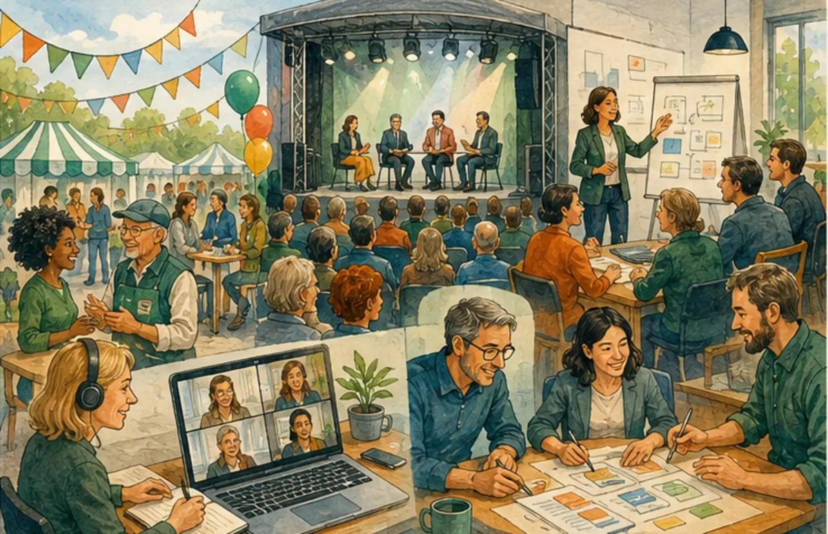 Detailreicher Business-Cartoon zu Veranstaltungen & Weiterbildung für Vereinsvorstände